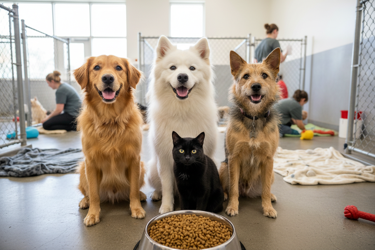 happy dogs and a cat sitting, looking towards the camera, in a shelter, with full kibble bowl in front of them